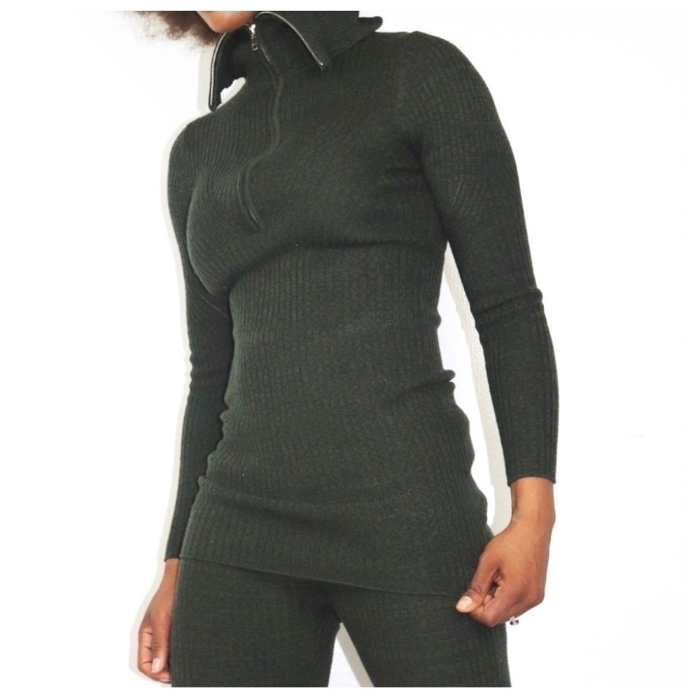 Sandro Paris 2-Piece Ribbed Knit Legging & Zip Collar Sweater Set, Green, Size 2